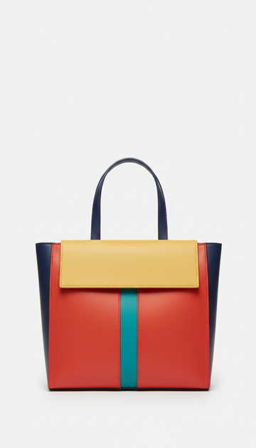 Leather tote bag with color-block panels