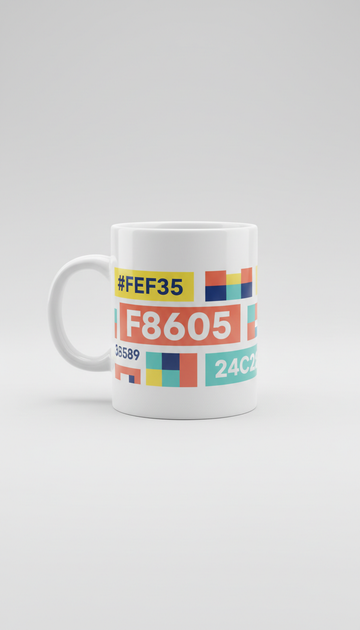 Market white ceramic mug with event signage